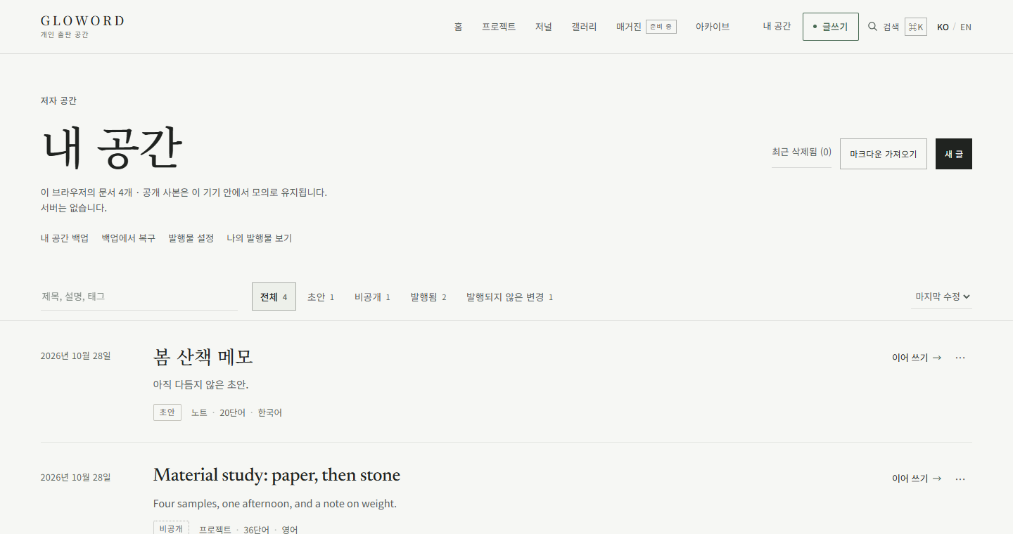 Gloword의 ‘내 공간’ 화면. 예시 초안과 발행한 글이 상태와 함께 나열되고, 검색과 필터가 표시되어 있습니다.