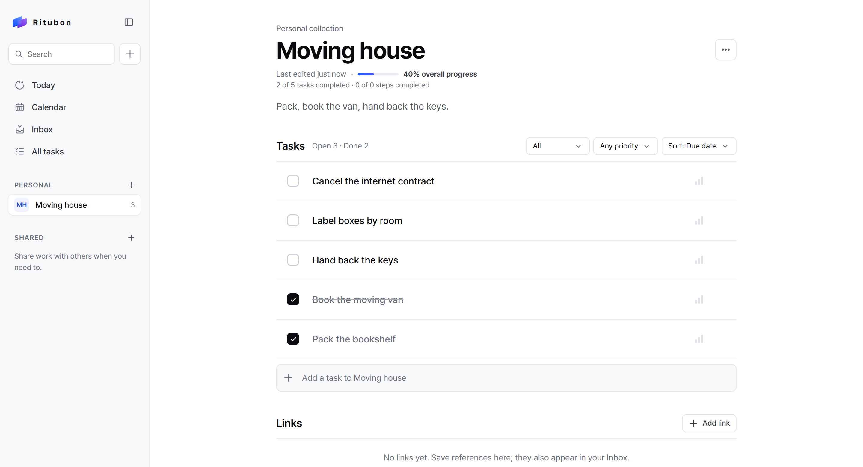 Ritubon의 ‘Moving house’ 컬렉션 화면. 할 일 5개 중 2개를 마쳐 진행률 40%가 표시되어 있습니다.